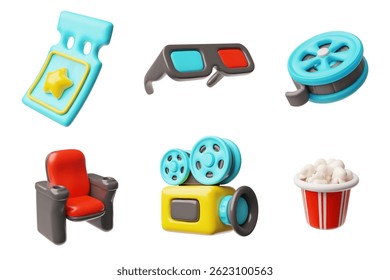 Cinema concept 3D plastic cartoon style icons set. Realistic popcorn bucket, ticket, armchair, 3d glasses, film reel, video camera. Movie and cinema industry collection. Vector render illustration
