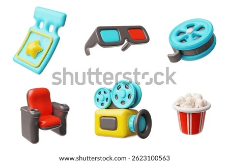 Cinema concept 3D plastic cartoon style icons set. Realistic popcorn bucket, ticket, armchair, 3d glasses, film reel, video camera. Movie and cinema industry collection. Vector render illustration