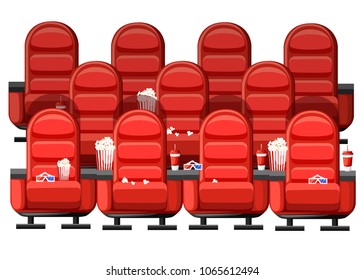 Cinema concept. Auditorium and three rows of red comfortable armchairs in the cinema. Drinks and popcorn, glasses for movie. Vector illustration on white background. Web site page and mobile app.