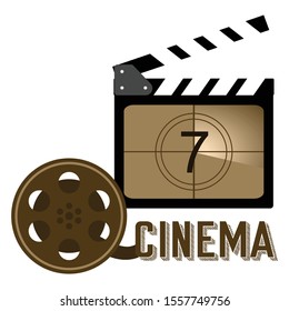 Cinema concept background vector. Movie strip and clapperboard and tape with countdown number. 