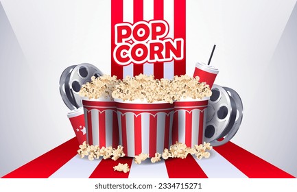 Cinema concept banner template design with realistic popcorn snacks objects, film tapes, drinks on white red lines background. template for ads, banners and posters