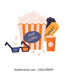 Cinema concept with bucket of popcorn, movie tickets, 3d glasses and soda drink. Movie time. Colored vector illustration in cartoon flat style.