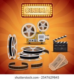 Cinema concept clapboard and film roll 3d rendering image on orange background.