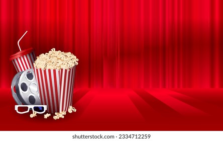 Cinema concept design with realistic popcorn snack objects, film tape, drink and stereo glasses and red curtain background. Vector illustration with film industry elements. for advertisements, banners