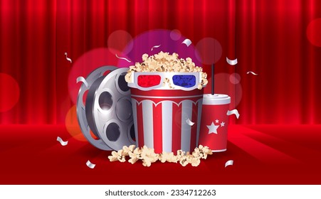 Cinema concept design with realistic popcorn snack objects, film tape, drink and stereo glasses and red curtain background. Vector illustration with film industry elements. for advertisements, banners