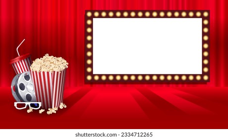 Cinema concept design with realistic popcorn snack objects, film tape, drink and stereo glasses and red curtain background. Vector illustration with film industry elements. for advertisements, banners