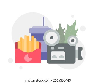 Cinema concept, drink and french fries, camera for filming. Vector illustration