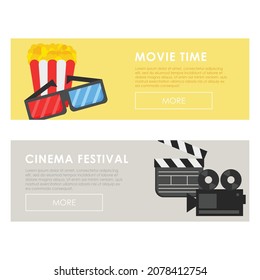 Cinema concept and festival poster template with popcorn and cinema equipment - vector illustration - set of two banners