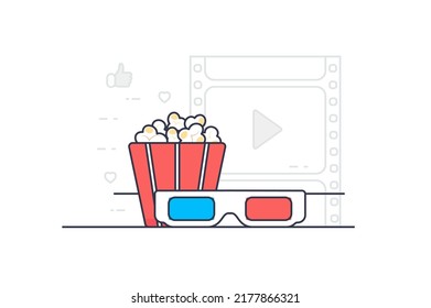 Cinema concept in flat outline design. Films watching, Hollywood movies and cinematography. Vector illustration with colorful line web scene with big bucket of popcorn, 3d glasses and film strip