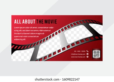 Cinema concept horizontal banner design template with wave roll film strip. realistic detailed vector illustration. gradient red pink color background. roll film shape for photo space.