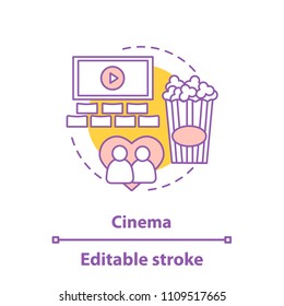 Cinema concept icon. First date idea thin line illustration. Movie theater. Couple watching movie. Vector isolated outline drawing. Editable stroke