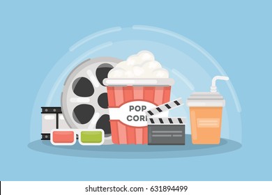 Cinema concept illustartion. Popcorn box with 3d glases and filmstrip.
