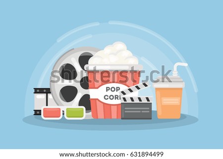 Cinema concept illustartion. Popcorn box with 3d glases and filmstrip.