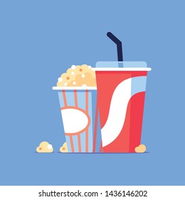 Cinema concept illustration with popcorn bowl,drink and tickets isolated on Color background