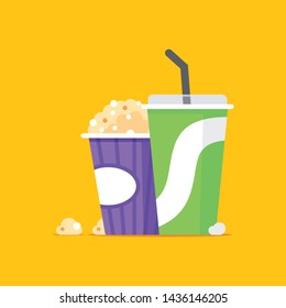 Cinema concept illustration with popcorn bowl,drink and tickets isolated on Color background