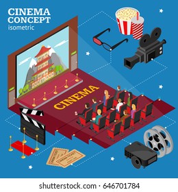 Cinema Concept Interior Auditorium Isometric View with Public and Film. Vector illustration