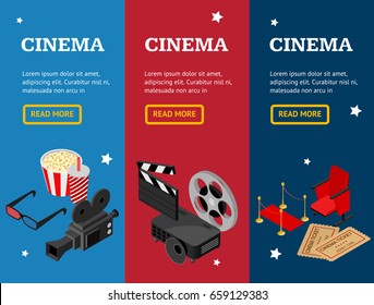 Cinema Concept Movie Banner Vecrtical Set Cinematography Show Business Design Style Isometric View . Vector illustration