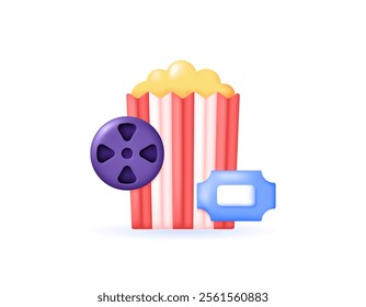 cinema concept. movie or theater. entertainment and shows. illustration of popcorn with tickets and film roll. symbol or icon. minimalist 3d style design. element