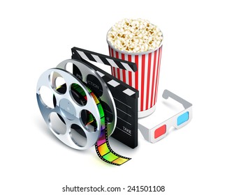 Cinema concept with movie theatre elements set of film reel clapperboard popcorn 3d glasses realistic vector illustration