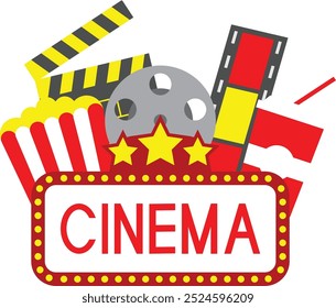 A Cinema Concept With Popcorn Clapperboard Film Roll Film Strip and Disposable Cup