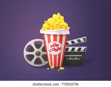 Cinema concept. Popcorn, open clapper board and movie reel. Vector illustration on dark background. 