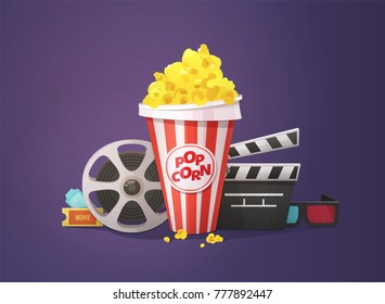 Cinema concept. Popcorn, open clapper board, movie reel, 3d glasses and tickets. Vector illustration on dark background.