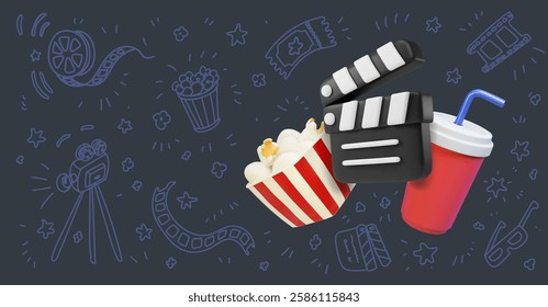 Cinema concept poster with popcorn bowl, film clip board and cola, Cartoon 3d render film clapper on hand drawn movie film background with film roll, ticket and movie camera.