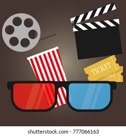 Cinema concept poster with popcorn bowl, film strip and tickets