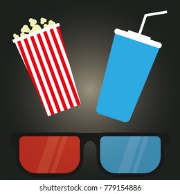 Cinema concept poster with popcorn bowl,cup, film strip and tickets