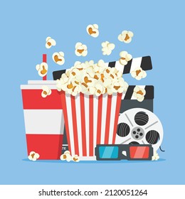 Cinema concept poster with popcorn, drink, film strip clapperboard and 3d glasses. Movie time. Vector stock