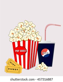 Cartel conceptual del cine con palomitas de maíz, soda y boletos, ilustración detallada realista del vector. Comida rápida con película. Para ir a beber, saca la caja del jumbo. Conjunto cinematográfico