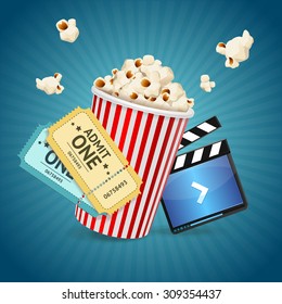 Cinema concept. Poster template with film clapper, popcorn, tickets. Vector illustration