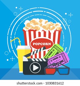 Cinema concept poster template with popcorn bowl, film strip and tickets, realistic detailed vector illustration