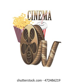 Cinema concept poster template with popcorn bowl, film strip. isolated on white background