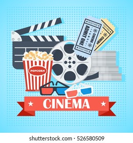 Cinema concept poster template with popcorn bowl, film strip and tickets, realistic detailed vector illustration