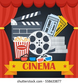 Cinema concept poster template with popcorn bowl, film strip and tickets, realistic detailed vector illustration
