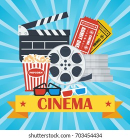 Cinema concept poster template with popcorn bowl, film strip and tickets, realistic detailed vector illustration