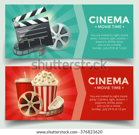 Cinema concept poster template with popcorn bowl, film strip and tickets, realistic detailed vector illustration