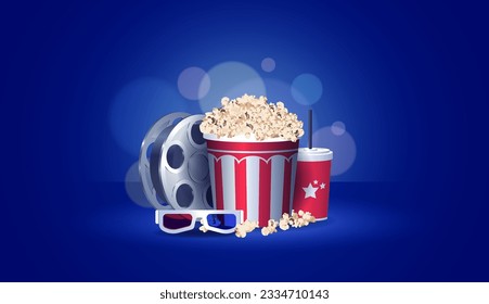 Cinema concept with realistic popcorn snack object, film tape, drink and stereo glasses and blue background. Vector illustration with film industry elements. Template for ads, banners and posters