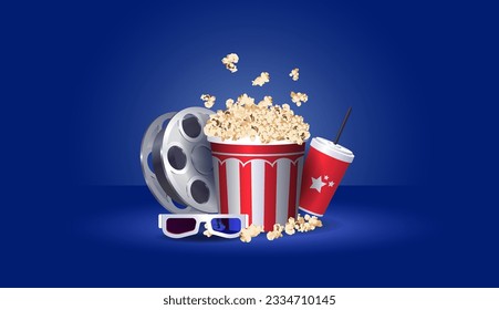 Cinema concept with realistic popcorn snack object, film tape, drink and stereo glasses and blue background. Vector illustration with film industry elements. Template for ads, banners and posters