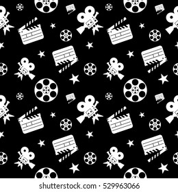 Cinema concept seamless pattern. Flat vector cartoon cinema illustration. Objects isolated on a white background. Flat vector cartoon illustration. Objects isolated on a white background.