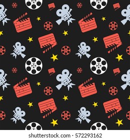 Cinema concept seamless pattern. Flat vector cartoon cinema illustration. Objects isolated on a white background. Flat vector cartoon illustration. Objects isolated on a white background.