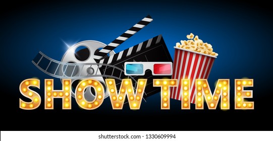 Cinema concept, showtime banner, poster design with popcorn, 3d glasses, film tape, clapperboard, vector illustration