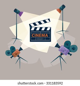 Cinema concept with spotlight and camera