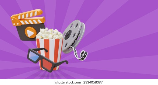 Cinema concept. Start watching new movie. 3D film reel, popcorn bucket, anaglyph glasses, clapperboard. Modern cultural entertainment poster. Fun and tasty