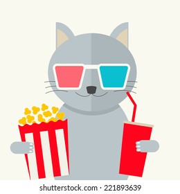 Cinema concept, vector illustration in flat design style. Cat watching movie in 3d glasses with popcorn and soda drink