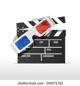 Cinema concept with white paper glasses for cinema and flapper in vintage style. Isolated on white background vector illustration.