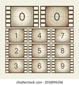 Cinema countdown. Retro movie scratch tape with numbers screen frames sequence film animation effect garish vector countdown template