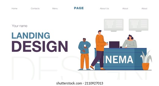 Cinema counter and people buying movie tickets. Flat vector illustration. Female seller standing at cashier while serving customers. Cinema, entertainment, fun, service concept for advertising