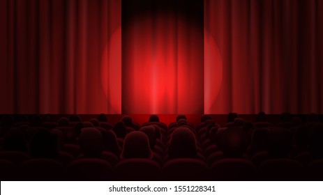 Cinema with curtains and audience. Space to place anything on stage. Red curtain and sit theatrical chairs and wait for the start of the performance